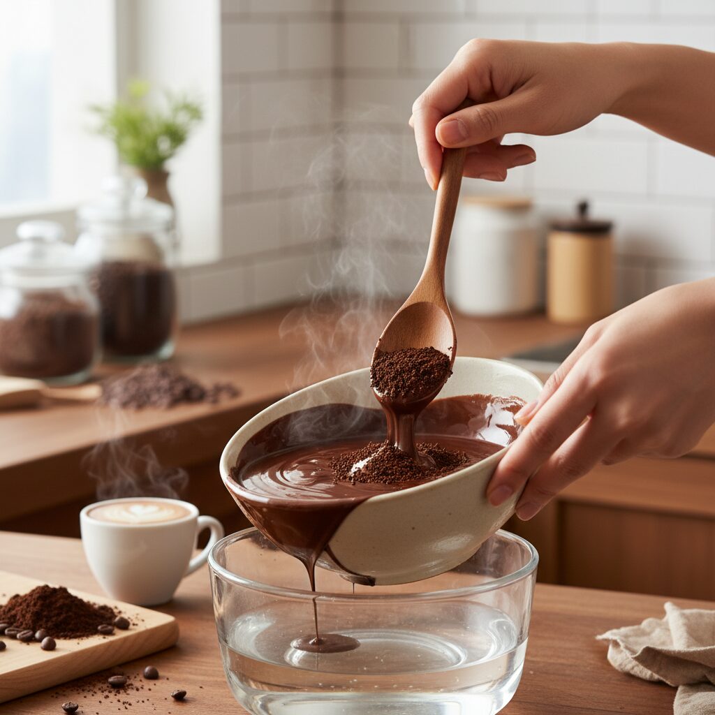중탕으로 녹인 초콜릿에 커피가루를 넣고 섞는 과정