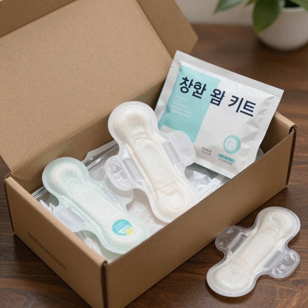 청소년을 위한 생리대 지원 키트가 포장된 박스와 펼쳐진 위생용품들