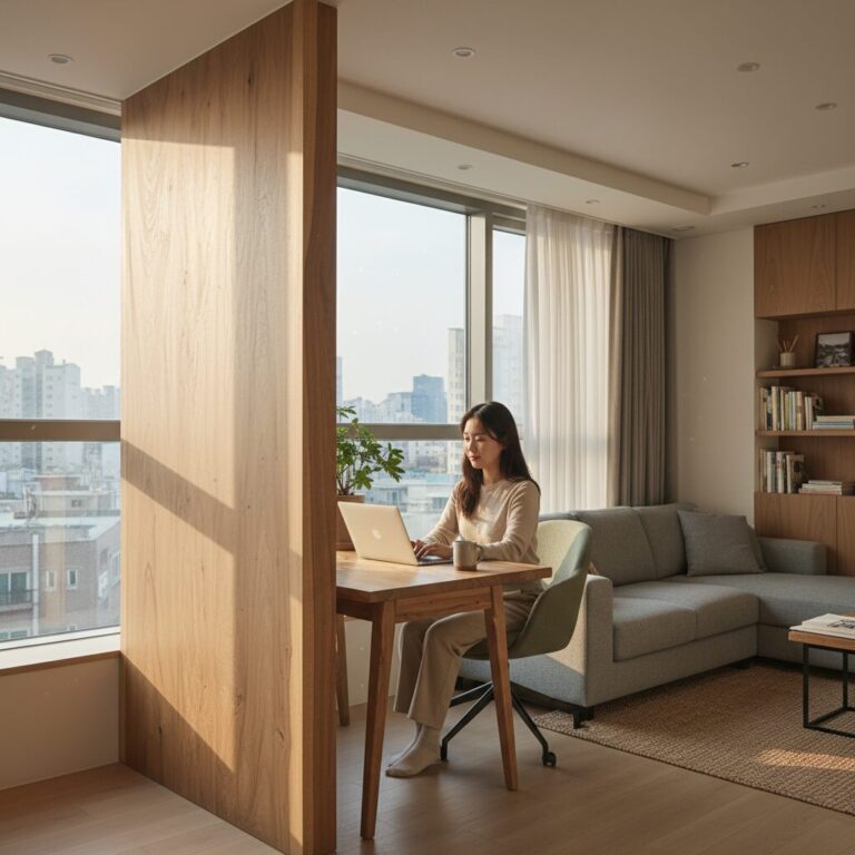 거실 한쪽에 놓인 자연스러운 나무 텍스처의 영역판으로 작업 공간을 만든 모습