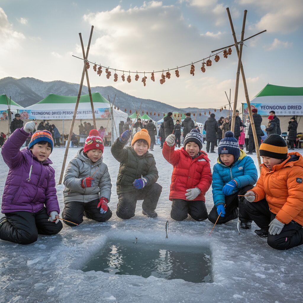영동곶감축제에서 아이들이 빙어 잡기 체험을 즐기고 있는 모습