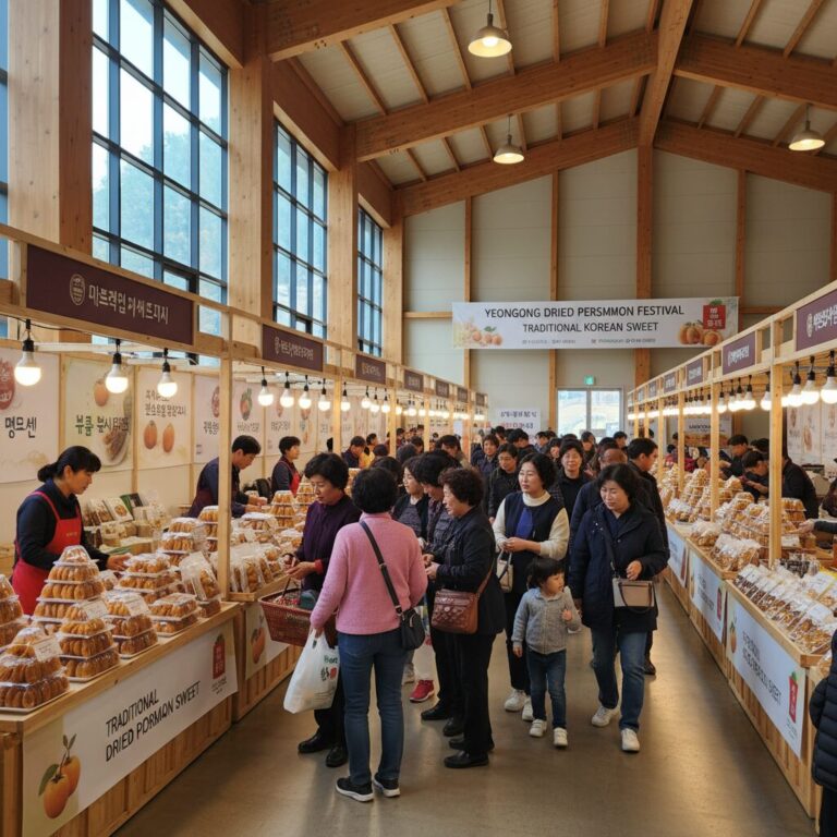 영동곶감축제 실내 곶감 판매장 내부 모습, 다양한 농가 부스가 줄지어 있고 많은 방문객이 쇼핑 중이다