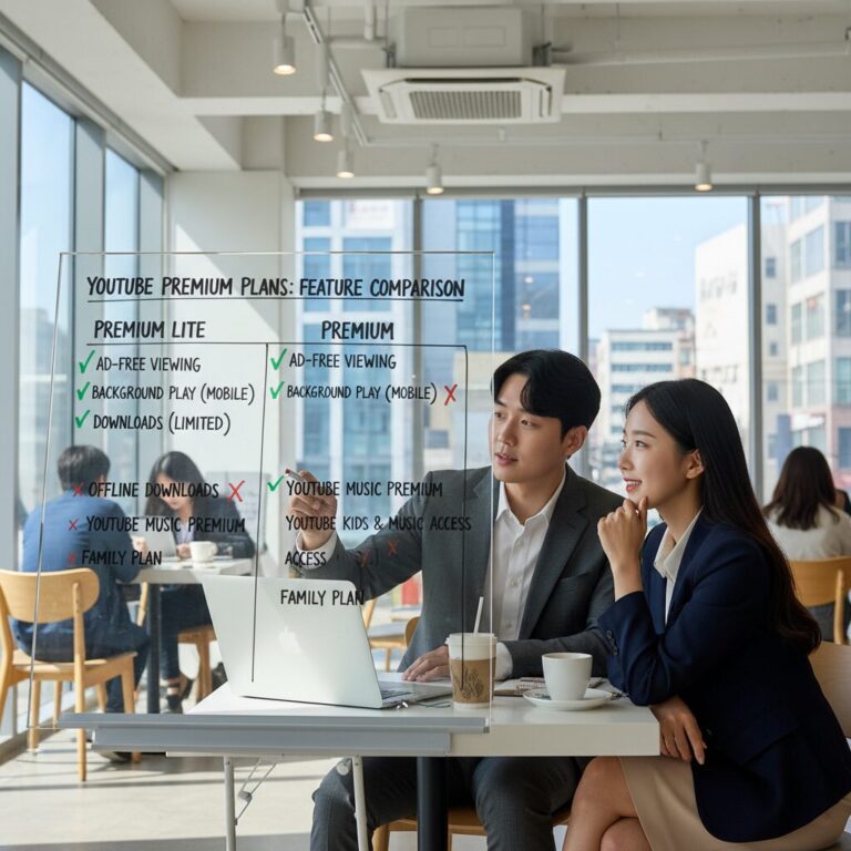 유튜브 프리미엄 라이트 요금제와 일반 요금제의 기능 비교 표