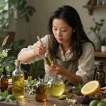 백지영오일 사용법과 효과 살펴보기 백지영오일을 만들기 위해 여러 식물성 오일을 섞고 있는 모습