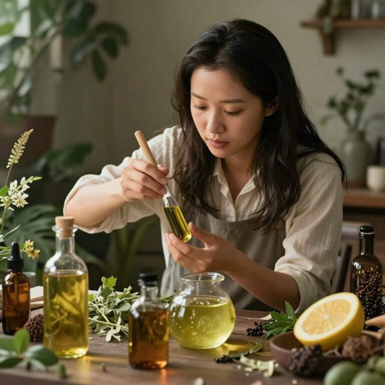 백지영오일을 만들기 위해 여러 식물성 오일을 섞고 있는 모습