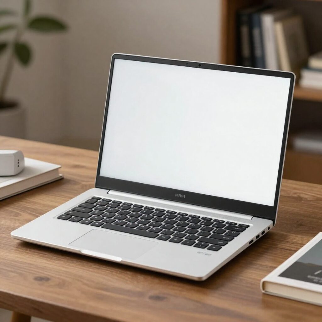 화이트 컬러의 베이직북14 노트북이 책상 위에 놓여 있는 모습