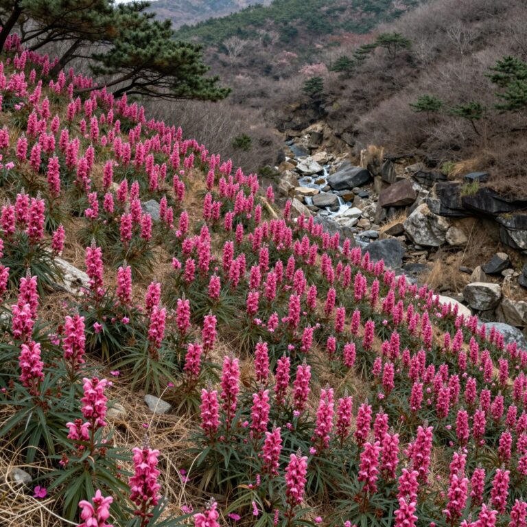 창원 천주산 달천계곡 코스에서 바라본 진달래 군락과 계곡 풍경