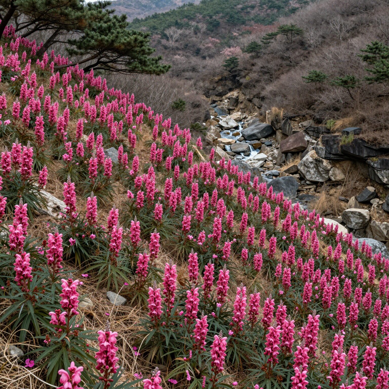 창원 천주산 달천계곡 코스에서 바라본 진달래 군락과 계곡 풍경