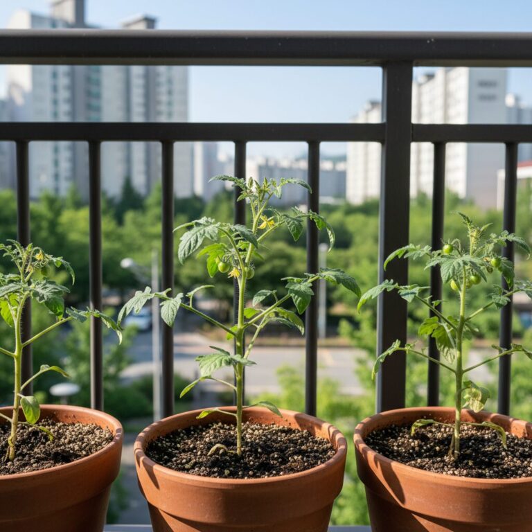 화분에 심겨진 건강한 방울토마토 모종 여러 개