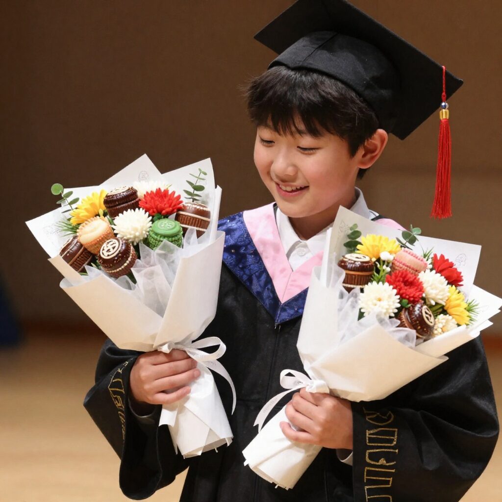 졸업식에서 아이가 츄파춥스 사탕부케와 비누꽃다발을 들고 웃고 있는 모습