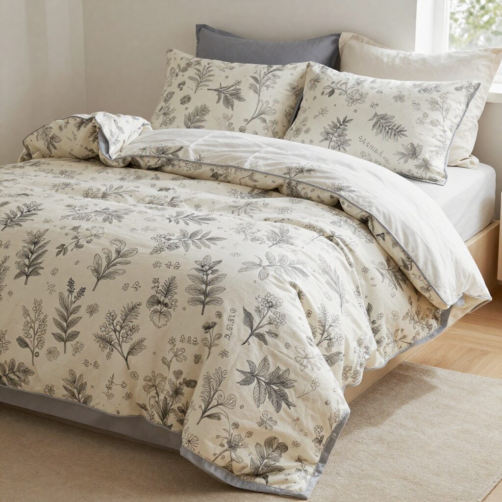 크라운구스 봄이불과 사계절 이불 세트가 침대 위에 펼쳐진 모습