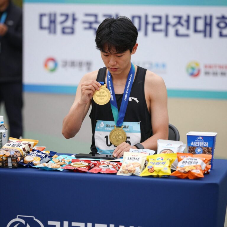 대구국제마라톤대회 완주 메달과 간식 세트가 놓인 테이블