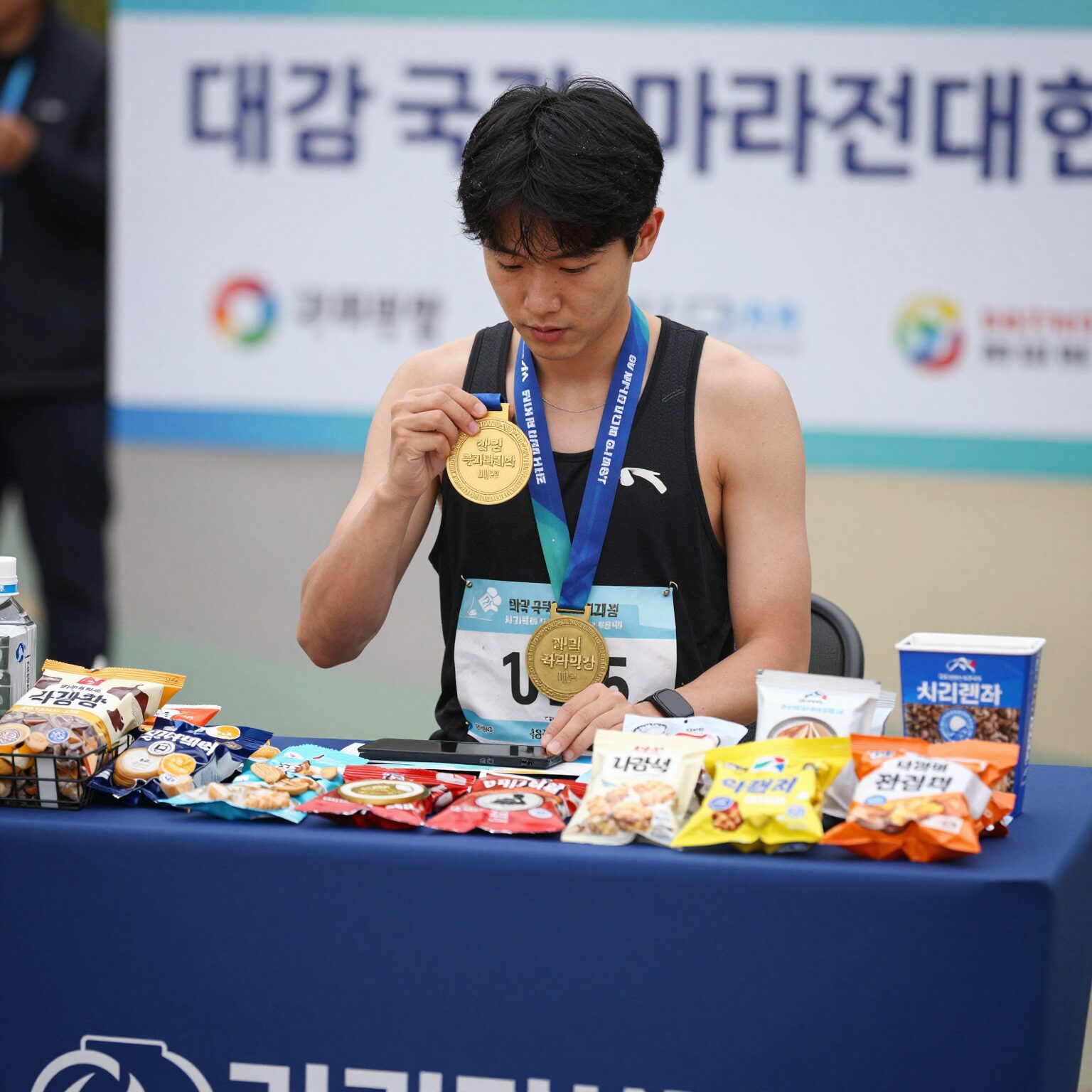 대구국제마라톤대회 완주 메달과 간식 세트가 놓인 테이블