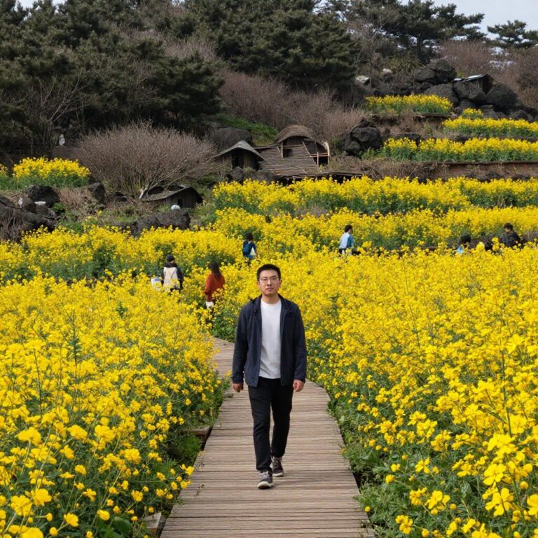 제주도 엉덩물계곡 데크로드와 노란 유채꽃 풍경