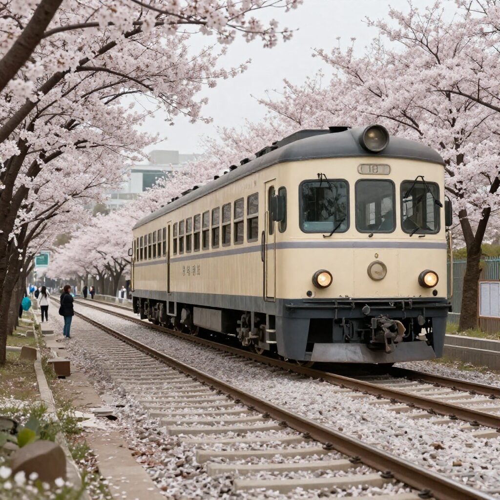 진해 경화역 공원 벚꽃이 핀 철길과 레트로한 기차 전시 모습