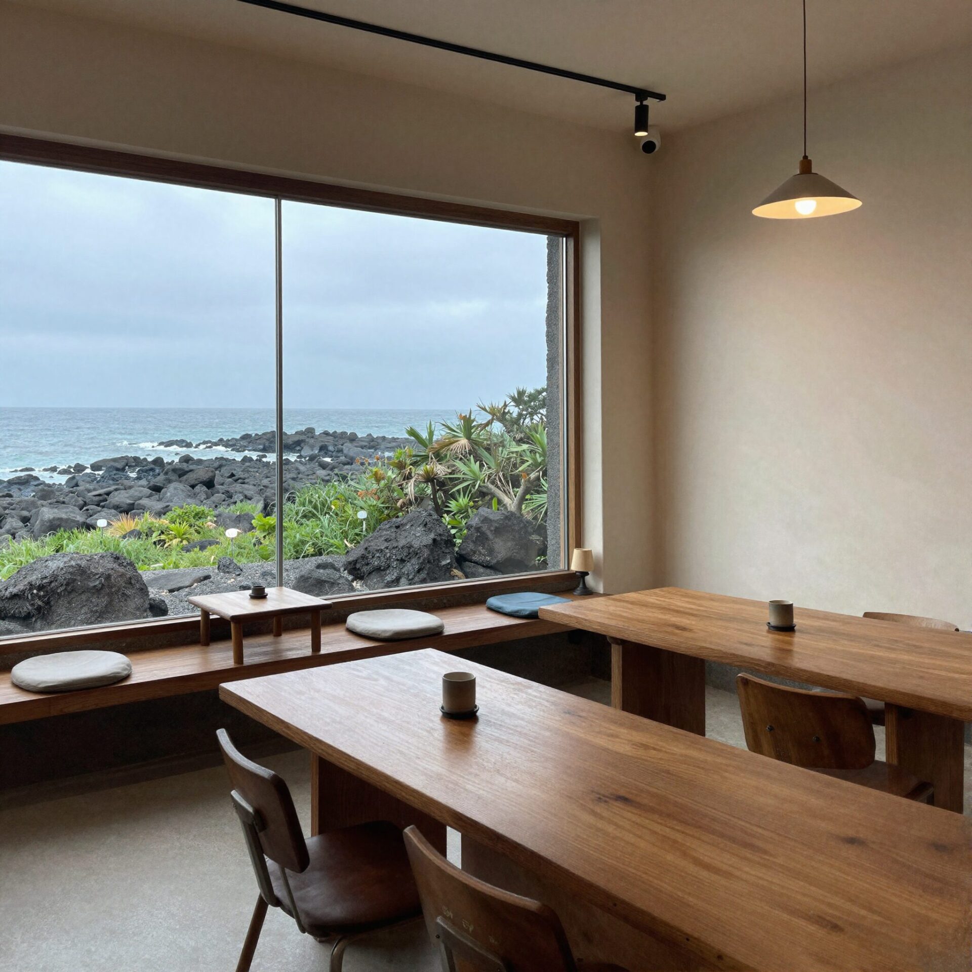 제주 조천 카페 치타델레의 아늑한 실내 인테리어와 창밖의 제주 풍경