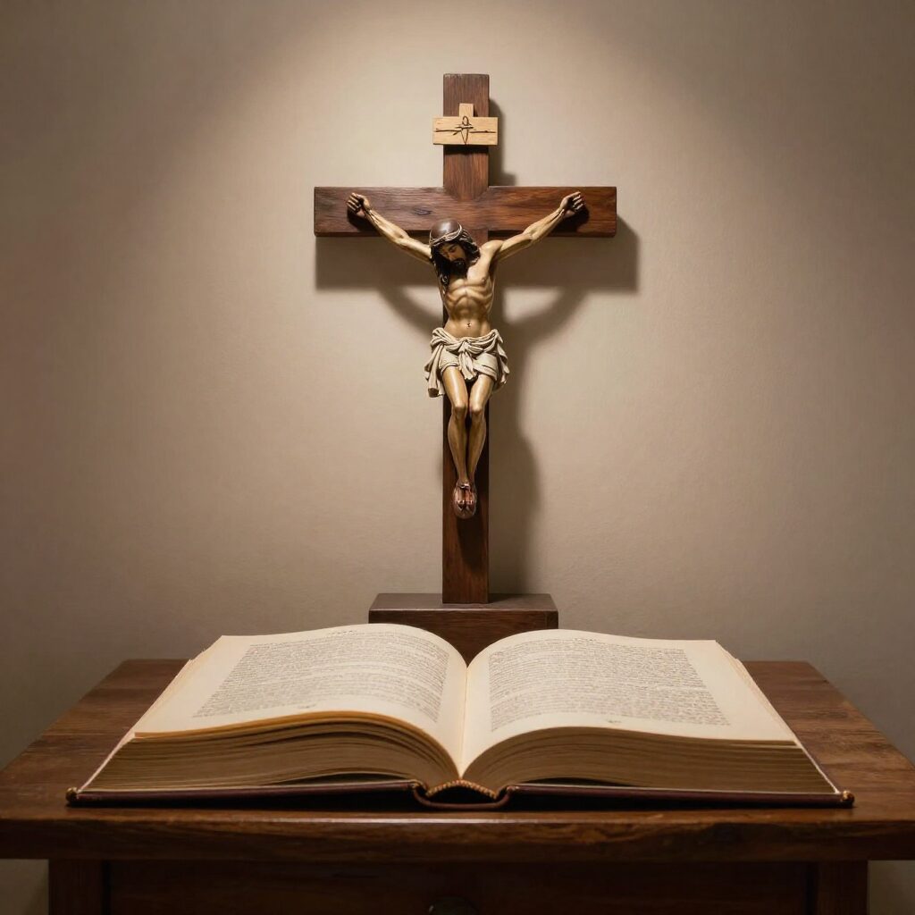 사순절을 상징하는 십자가와 재가 놓인 책상