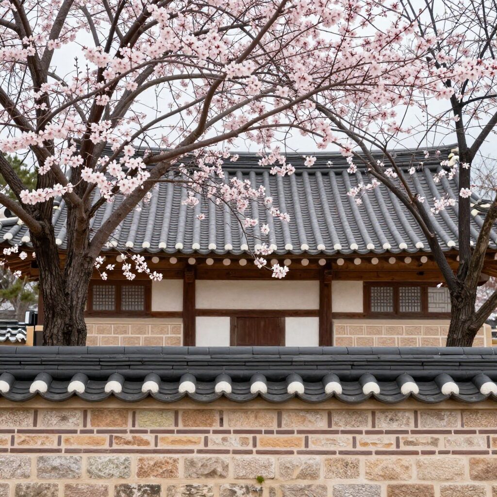 밀양향교 명륜당 마당과 담장 너머로 보이는 매화