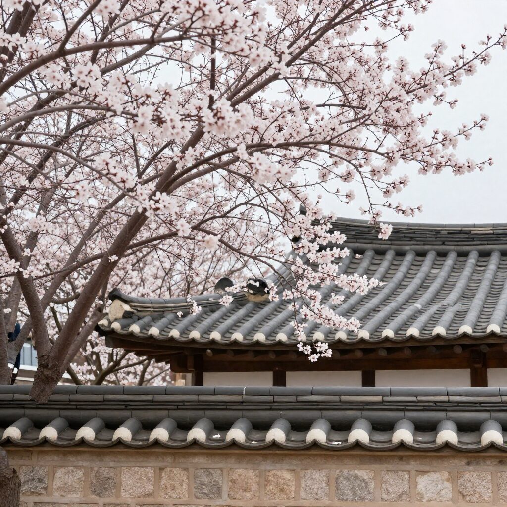 밀양향교 입구에서 바라본 만개한 매화나무와 전통 한옥 지붕