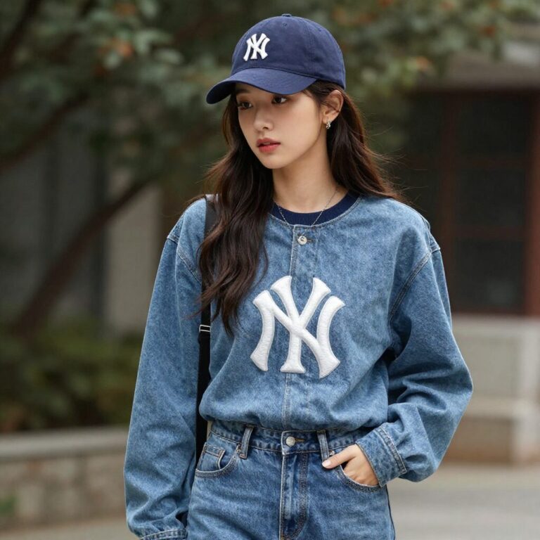 MLB 오버핏 바람막이를 입고 힙한 스트릿 무드를 연출한 여성의 스타일링