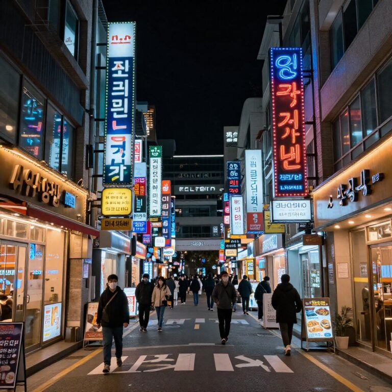 밤에 빛나는 서울 명동 거리의 네온사인과 번화가 풍경