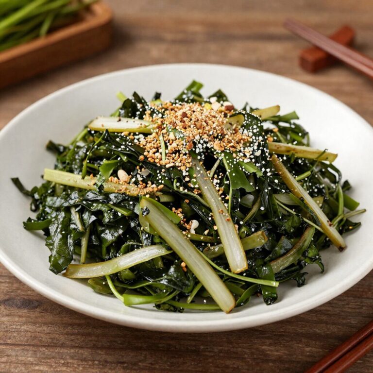 새콤달콤 겉절이가 담긴 접시, 참나물과 양파가 고루 버무려져 있고 통깨가 뿌려져 있음