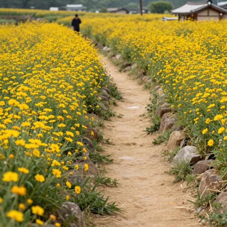 구례 산수유마일 노란 꽃과 돌담길 풍경
