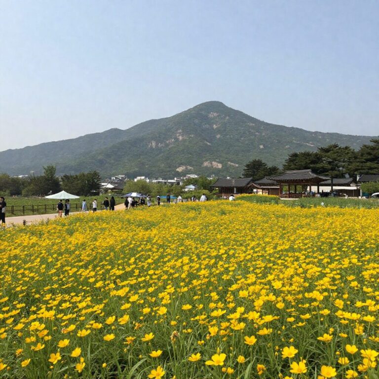 구례 산수유사랑공원 전망대에서 바라본 노란색 꽃밭과 지리산 풍경