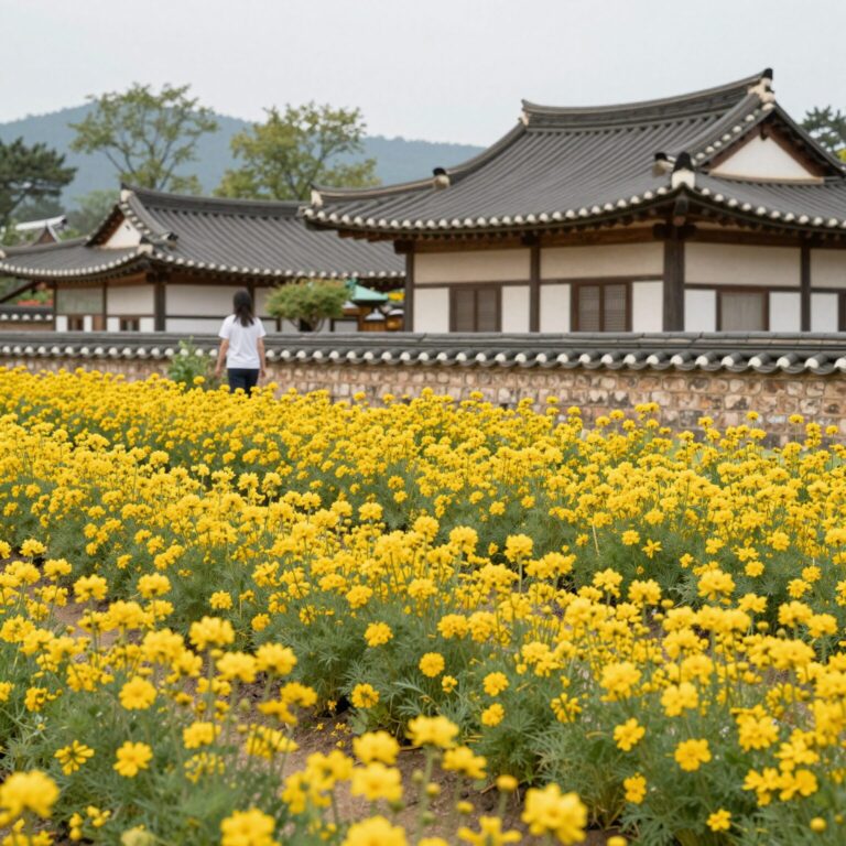 서산 유기방가옥 전통 한옥과 노란 수선화밭이 어우러진 봄 풍경