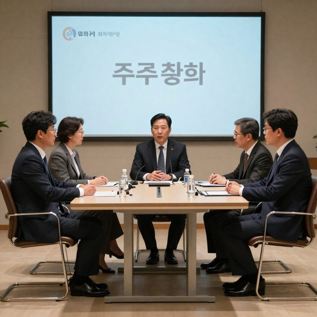 주주총회에서 경영진과 주주들이 원탁에 둘러앉아 대화를 나누고 있는 모습