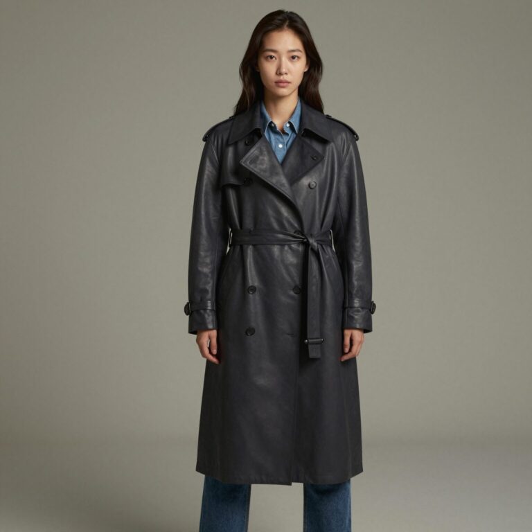 시슬리 인조 레더 트렌치코트를 입은 여성의 캐주얼한 데일리 룩