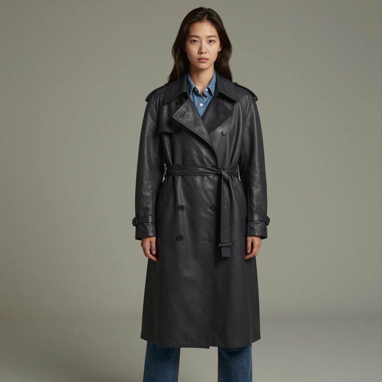 시슬리 인조 레더 트렌치코트를 입은 여성의 캐주얼한 데일리 룩