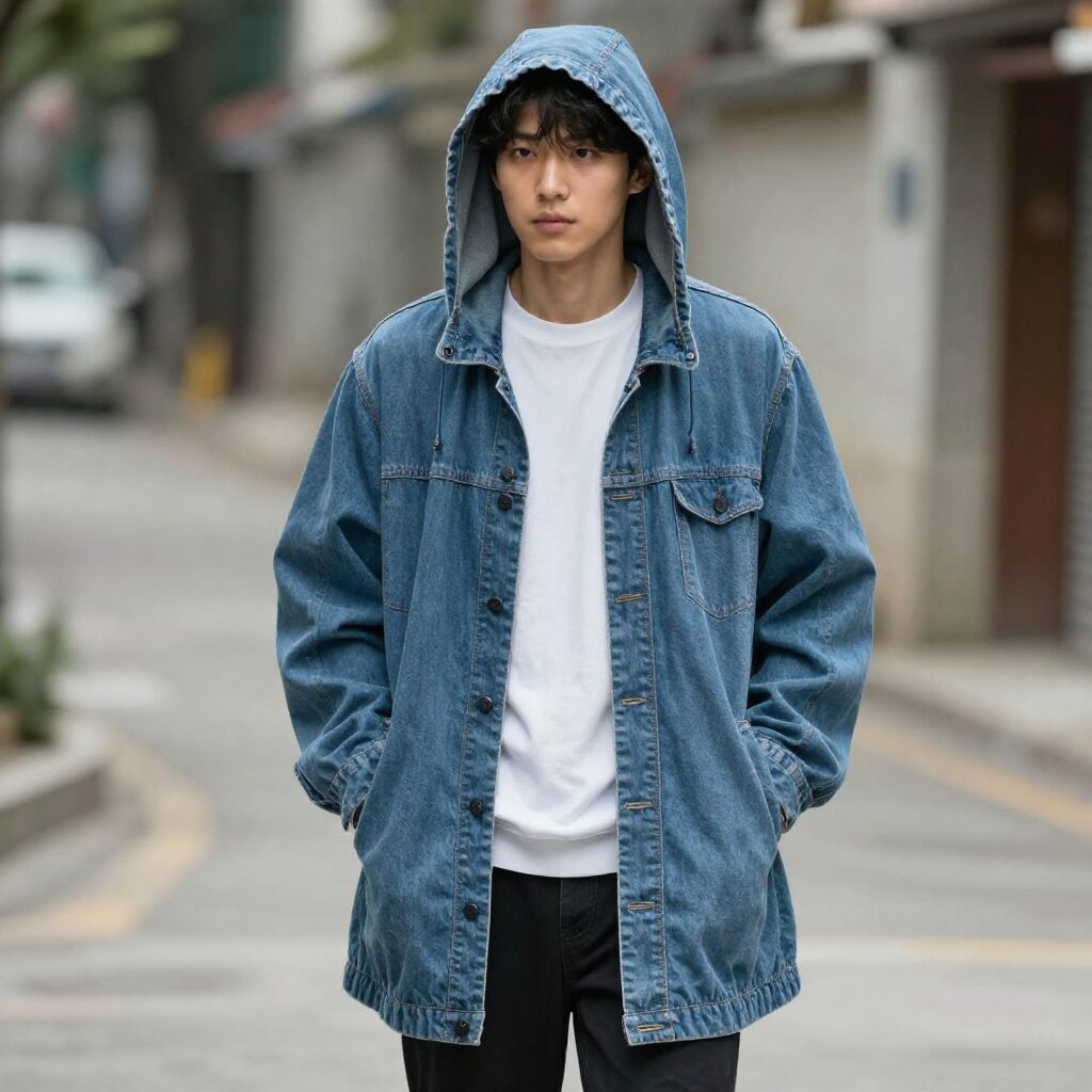 경량 바람막이와 후드티 데님을 레이어링한 캐주얼한 14도 옷차림