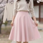 파스텔 핑크 미디 플레어 스커트와 베이지 니트를 매치한 봄 데일리 코디