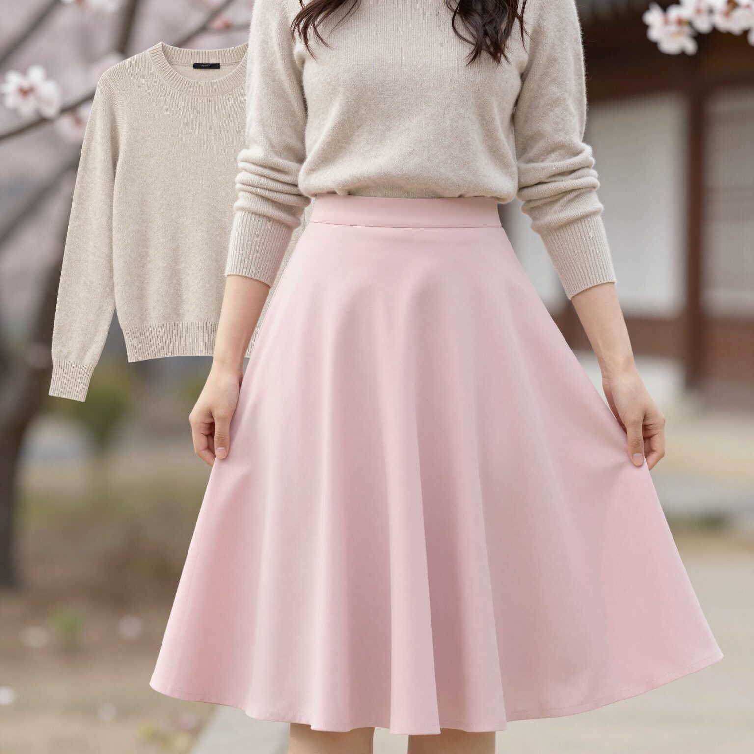 파스텔 핑크 미디 플레어 스커트와 베이지 니트를 매치한 봄 데일리 코디