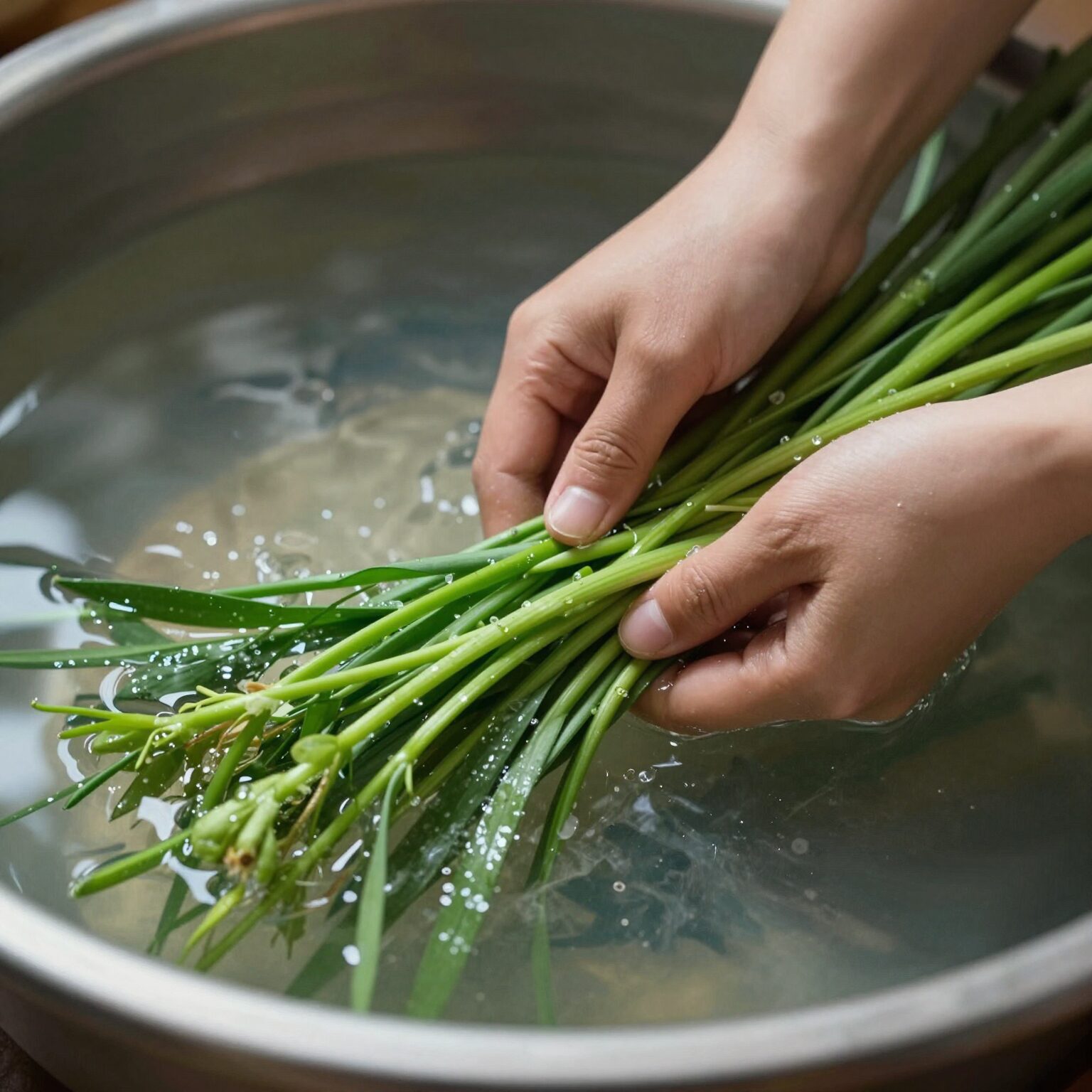 데친 미나리를 찬물에 헹구는 모습