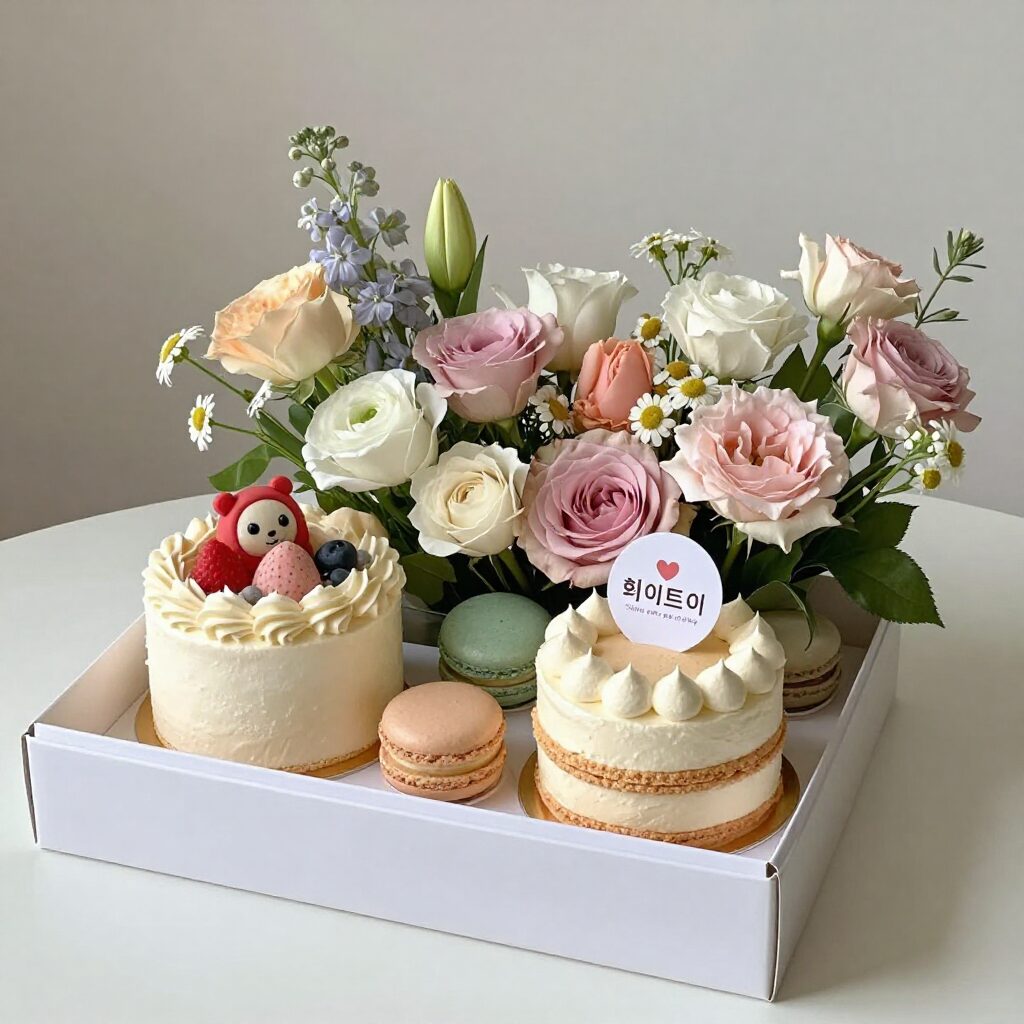 현대적인 화이트데이 선물 세트, 수제 케이크와 마카롱, 꽃다발이 조화롭게 배치된 모습