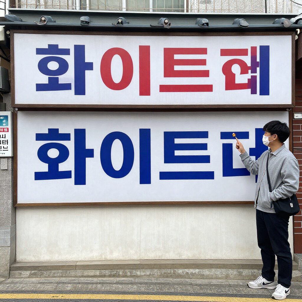 일본 거리에서 화이트데이를 홍보하는 1970년대 스타일의 간판과 사탕