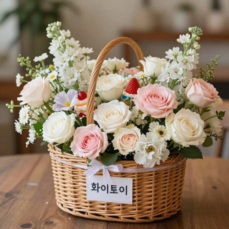 생화와 다양한 사탕으로 꾸며진 화이트데이 선물용 바구니