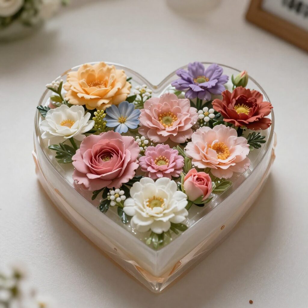 생화처럼 아름다운 하트 모양의 비누꽃다발이 예쁜 포장지에 싸여 있는 모습