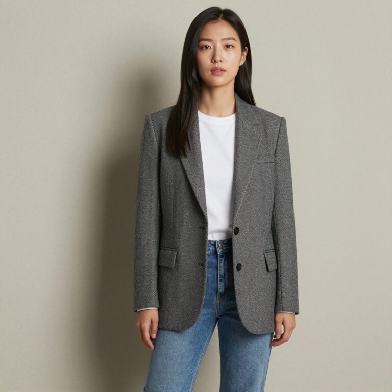 여자가 블레이저 자켓을 입고 청바지와 함께 캐주얼하게 스타일링한 모습