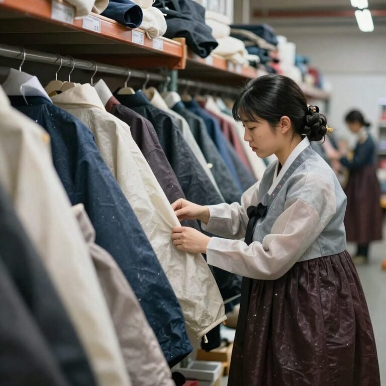 창고에 쌓인 여성 야상 재고를 정리하는 모습