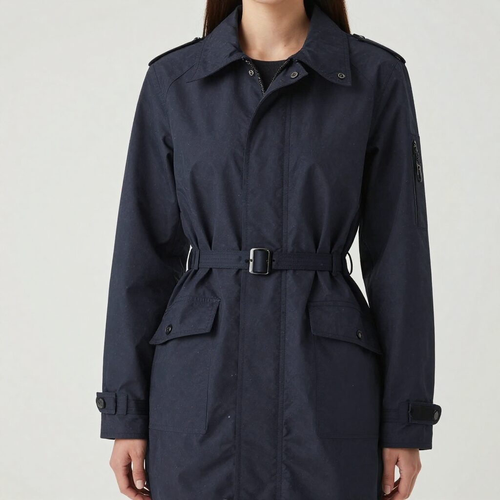 허리 스트링으로 핏을 조절할 수 있는 오버핏 여성 야상 자켓을 입은 모습