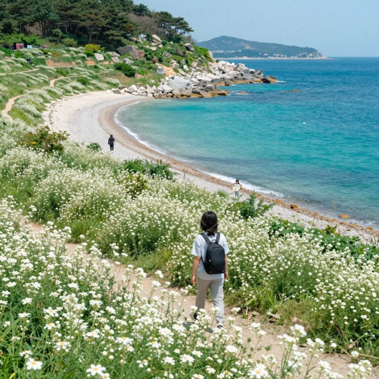 여수 하화도 유채꽃밭과 에메랄드빛 바다 풍경