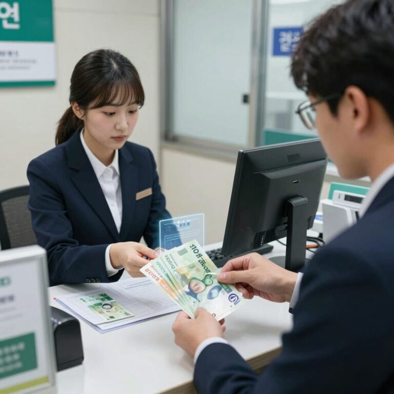 은행 창구에서 새지폐 신권 교환이 진행되는 모습