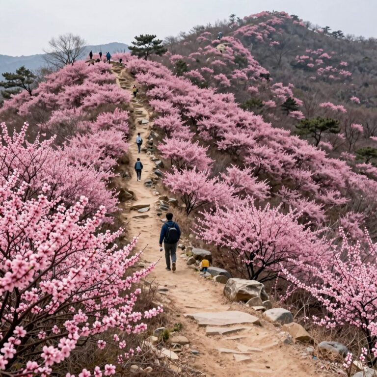 비슬산 정상부 능선을 따라 펼쳐진 분홍색 진달래 군락지와 등산로 풍경