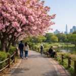 보라매공원 내 겹벚꽃 나무가 위치한 산책로와 주변 푸르른 공원 풍경