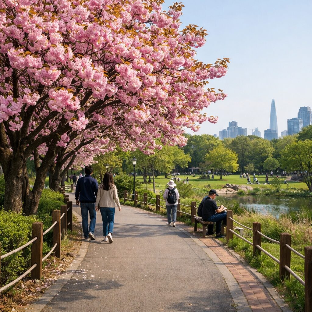 보라매공원 겹벚꽃 나무 위치와 주변 산책로 풍경