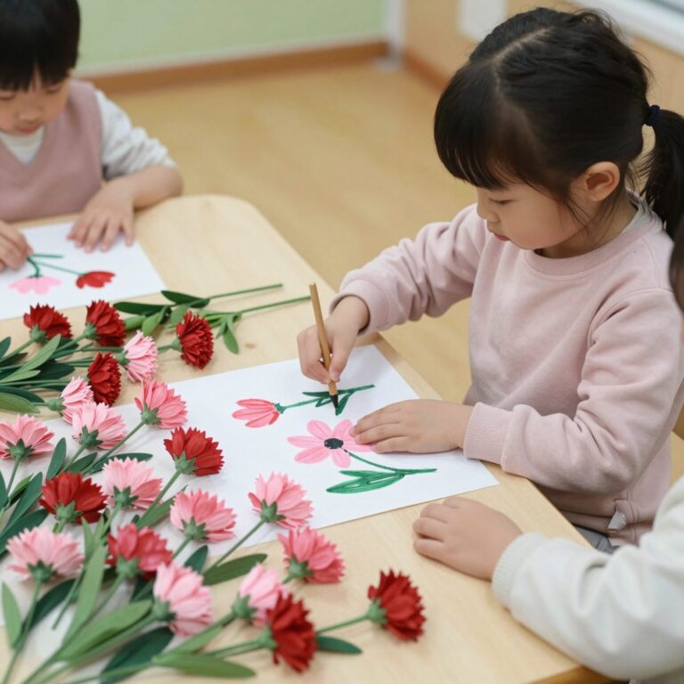 어린이집 카네이션 만들기 키트로 아이가 만든 핑크색과 빨간색 카네이션