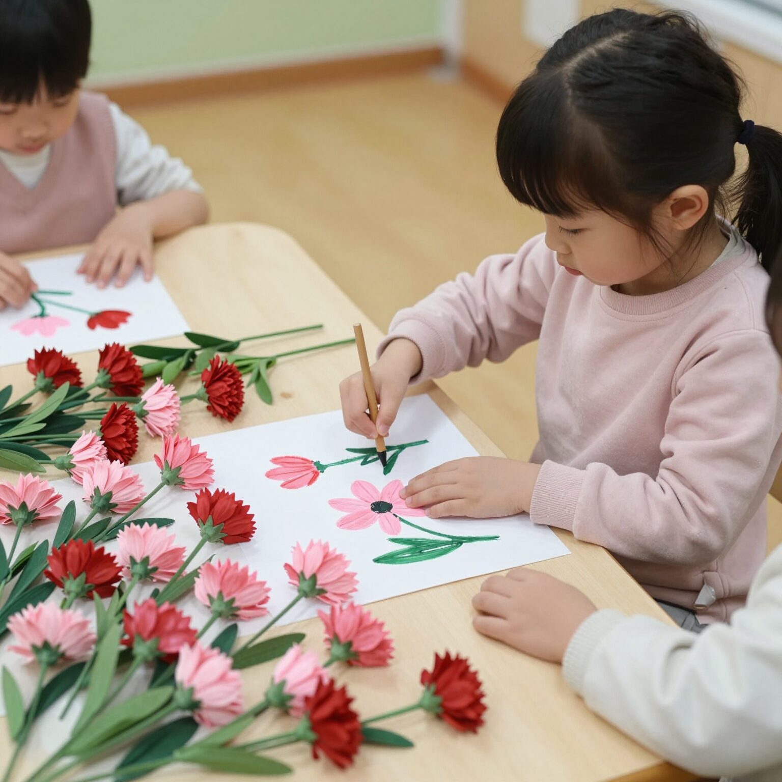 어린이집 카네이션 만들기 키트로 아이가 만든 핑크색과 빨간색 카네이션