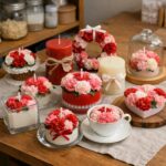 여러 종류의 카네이션 캔들 클래스 완성품 세트가 테이블 위에 놓여 있는 모습